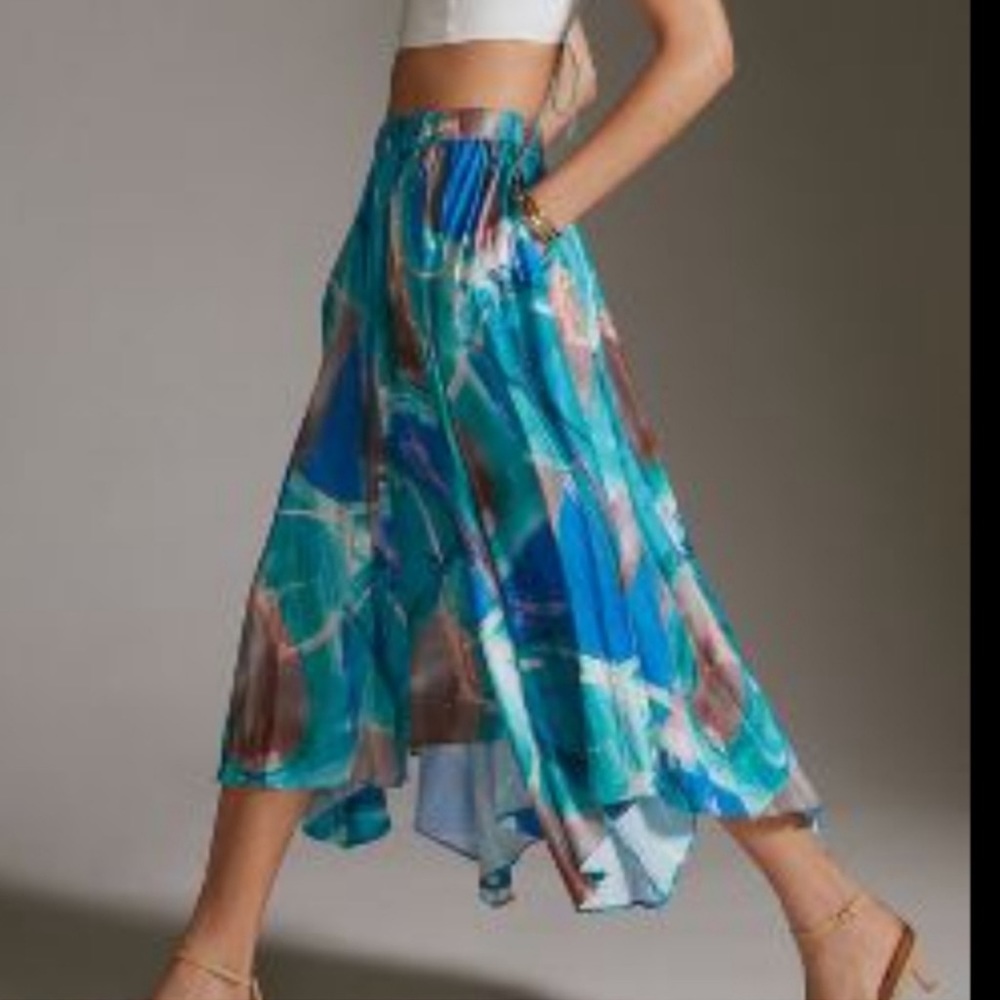 NWT Anthropologie Sleek A-Line Midi Skirt Blue Green Asymmetrical 2X